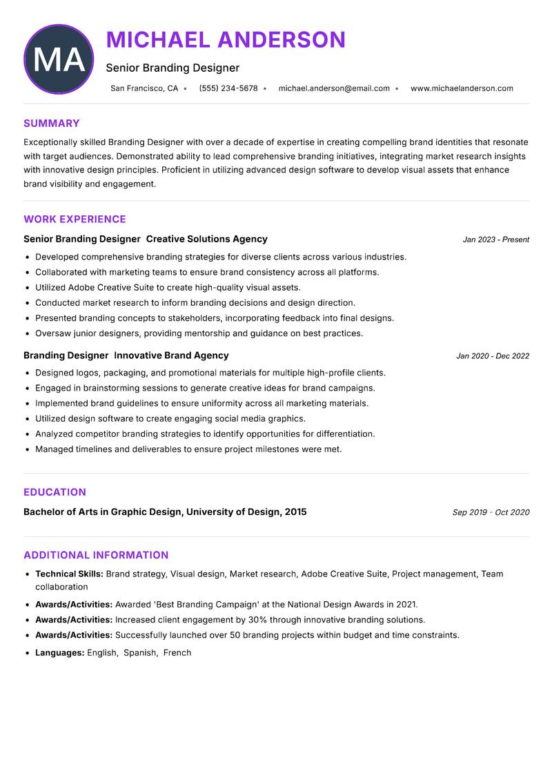 Branding Designer Resume Preview Example