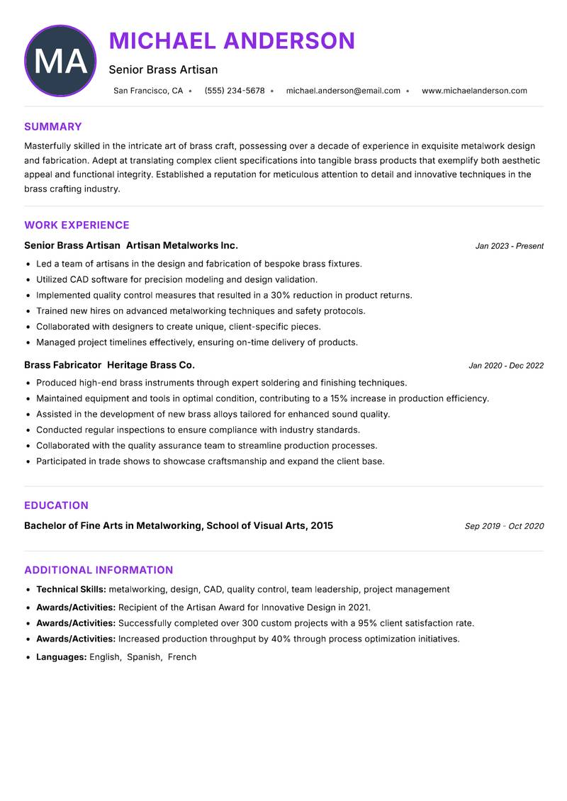 Brass Craft Artisan Resume Preview Example