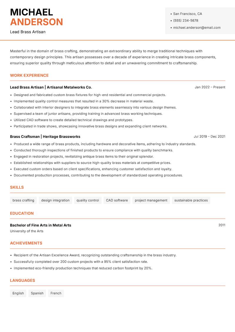 Brass Craft Artisan Resume Template