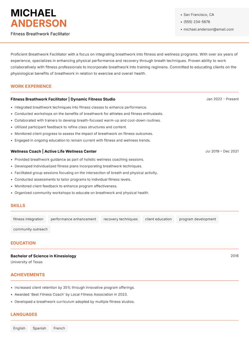 Breathwork Facilitator Resume Template