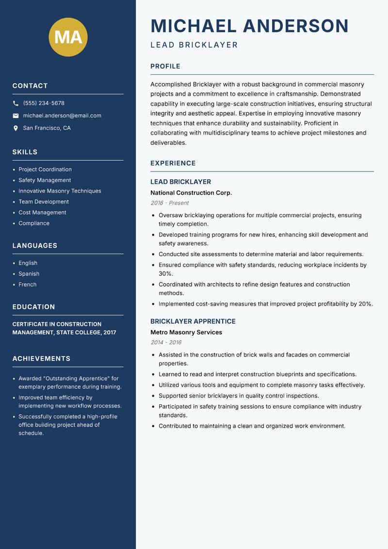 Bricklayer Resume Preview Example
