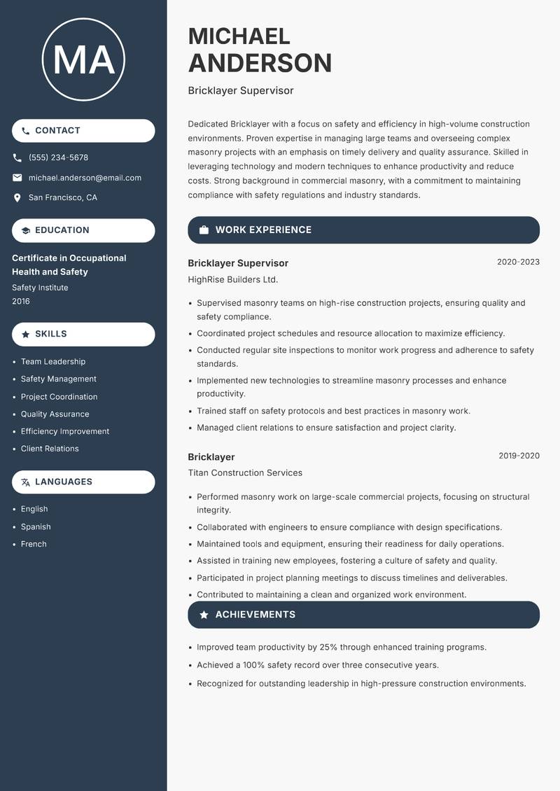 Bricklayer Resume Preview Example