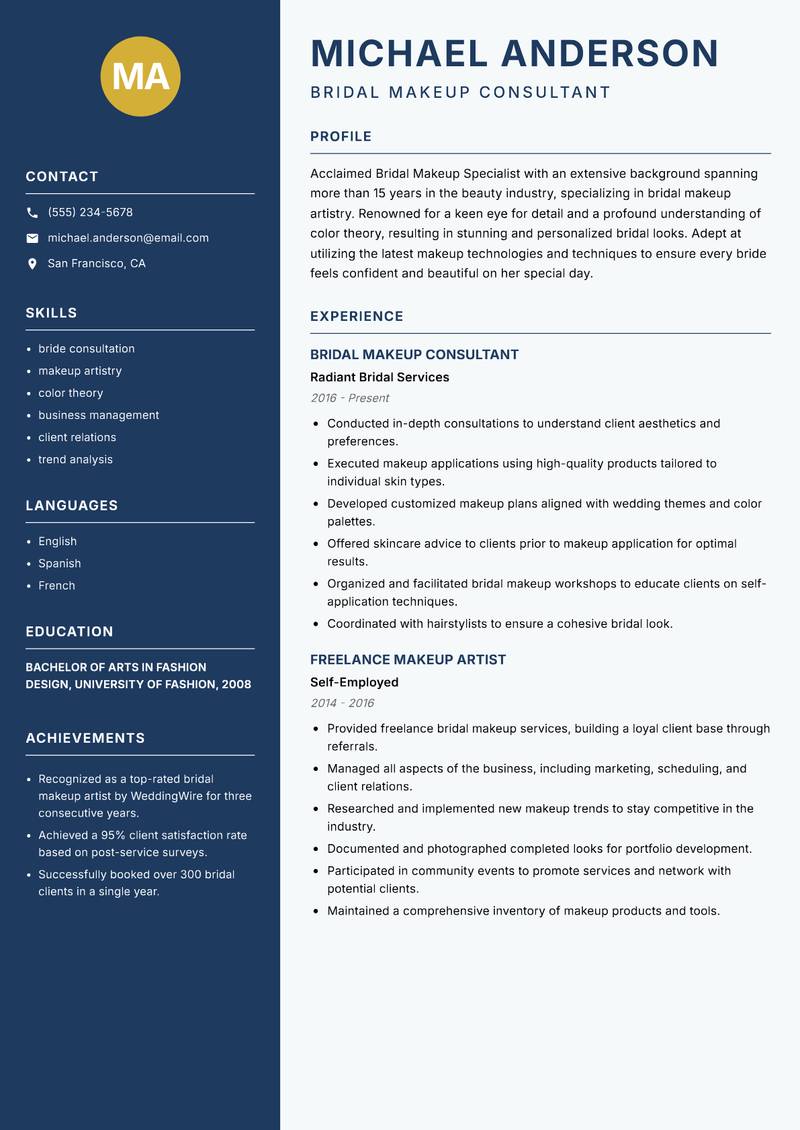 Bridal Makeup Specialist Resume Preview Example