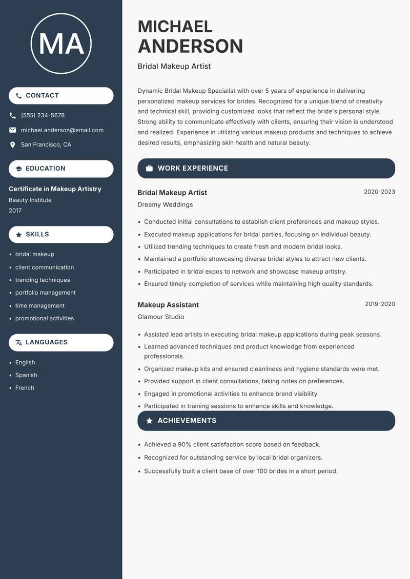Bridal Makeup Specialist Resume Preview Example