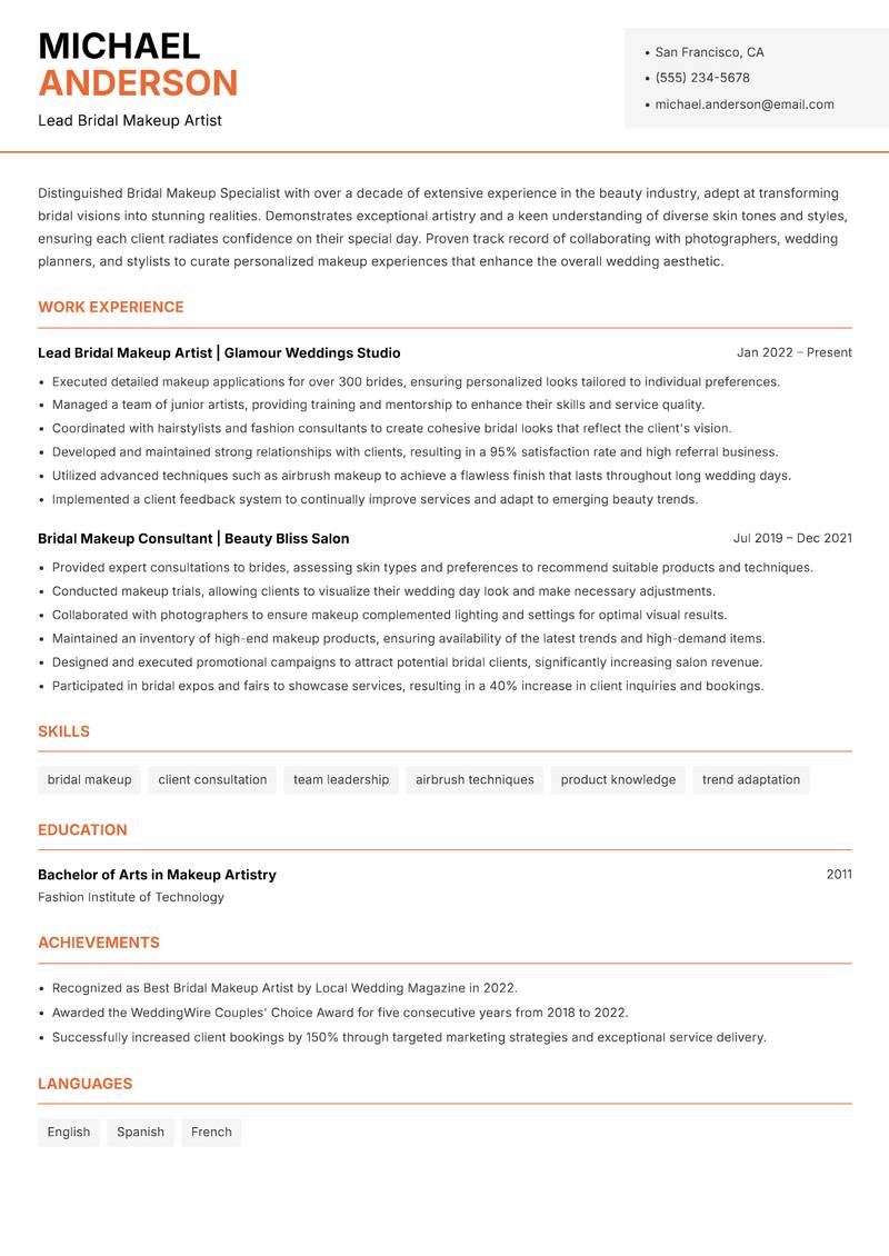 Bridal Makeup Specialist Resume Template