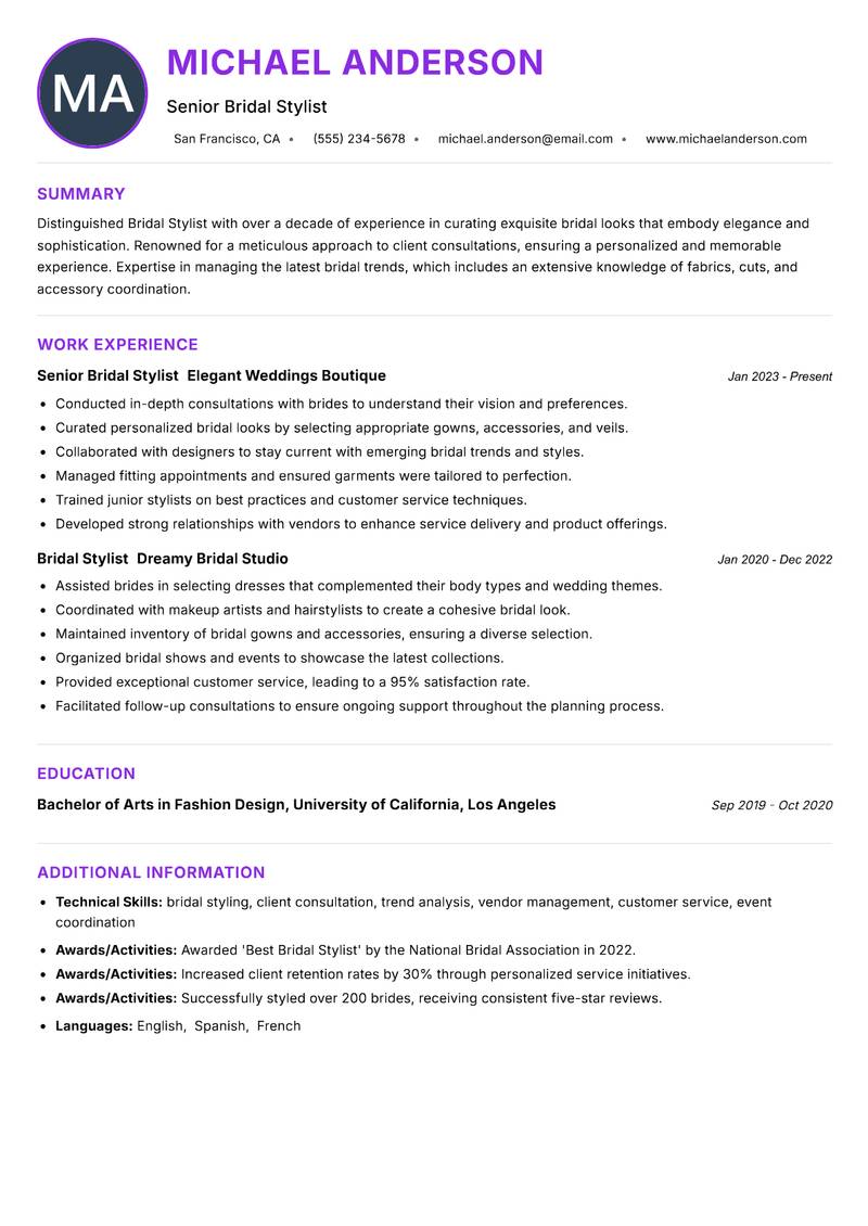 Bridal Stylist Resume Preview Example