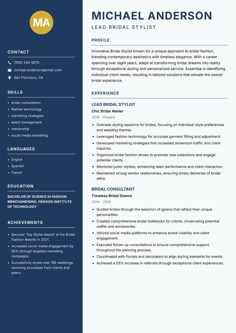 Bridal Stylist Resume Preview Example