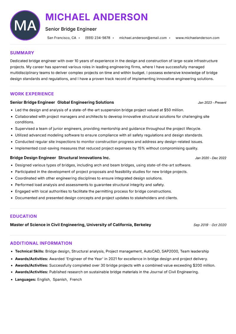 Bridge Engineer Resume Preview Example