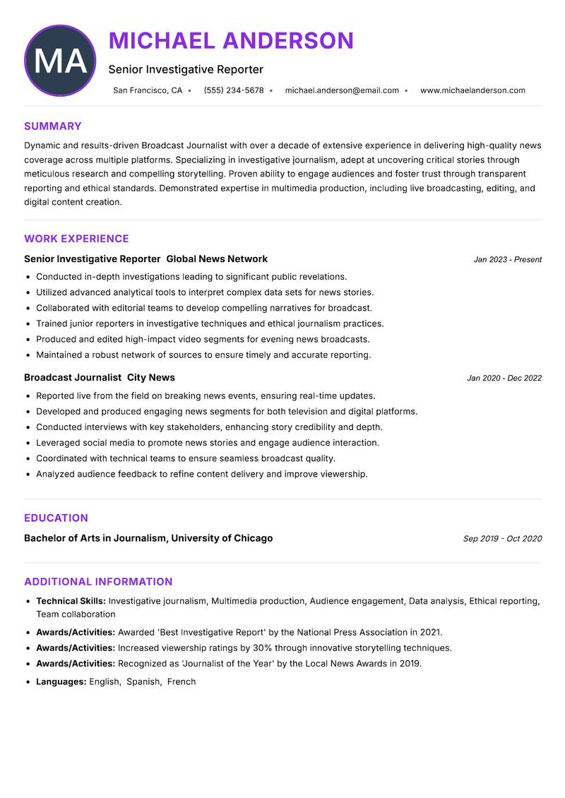 Broadcast Journalist Resume Preview Example