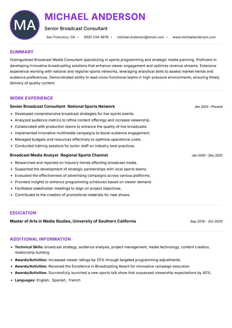 Broadcast Media Consultant Sports Resume Preview Example