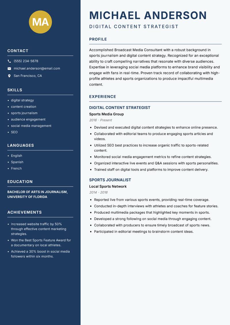 Broadcast Media Consultant Sports Resume Preview Example