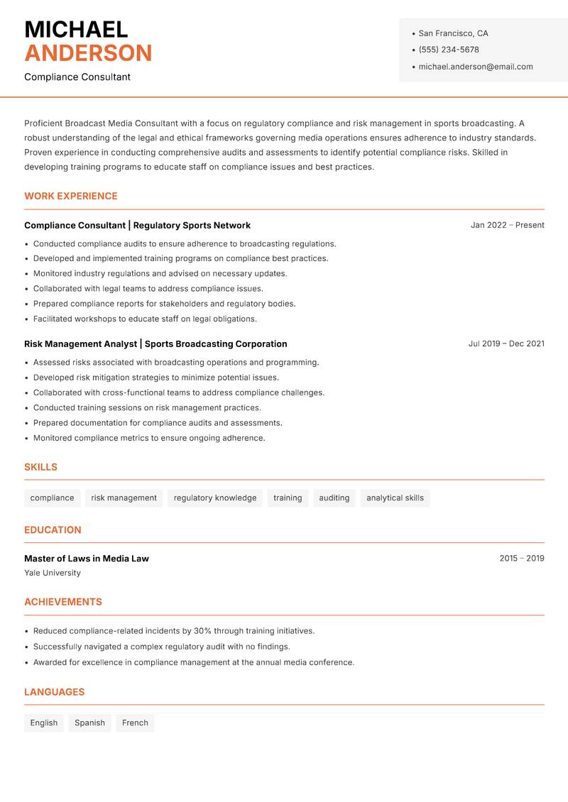 Broadcast Media Consultant Sports Resume Template