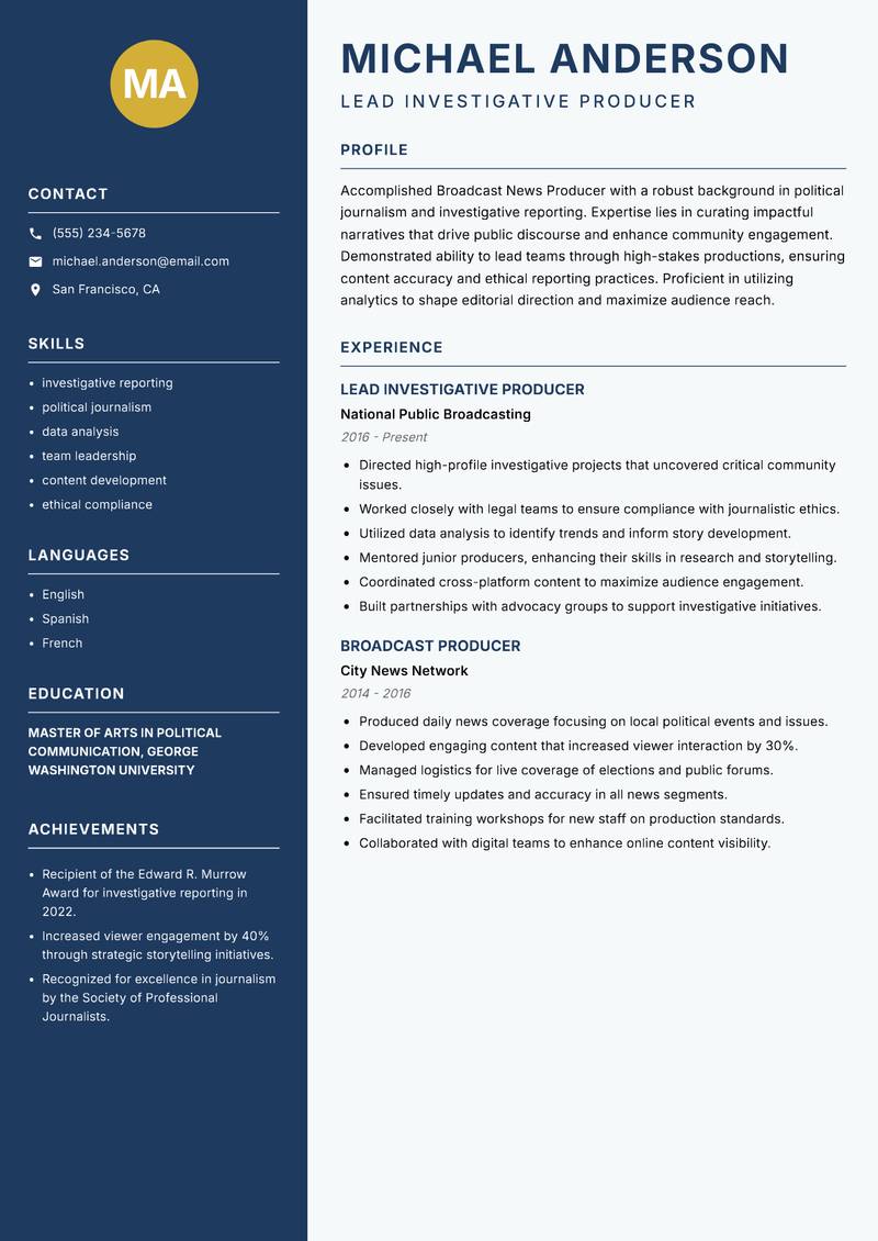 Broadcast News Producer Resume Preview Example