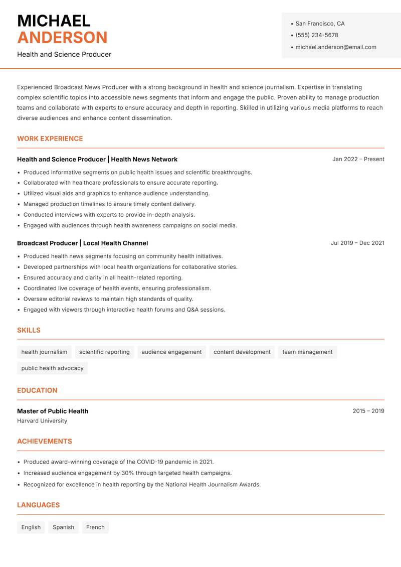 Broadcast News Producer Resume Template