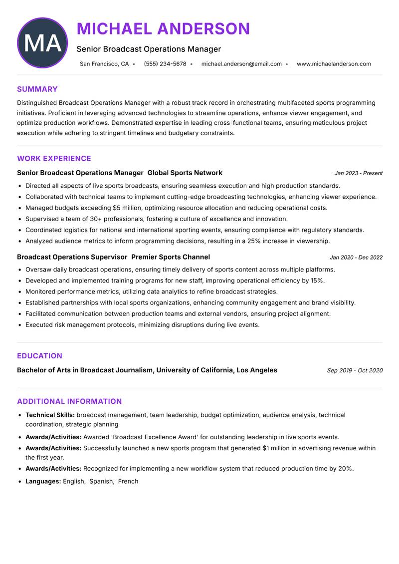 Broadcast Operations Manager Sports Resume Preview Example