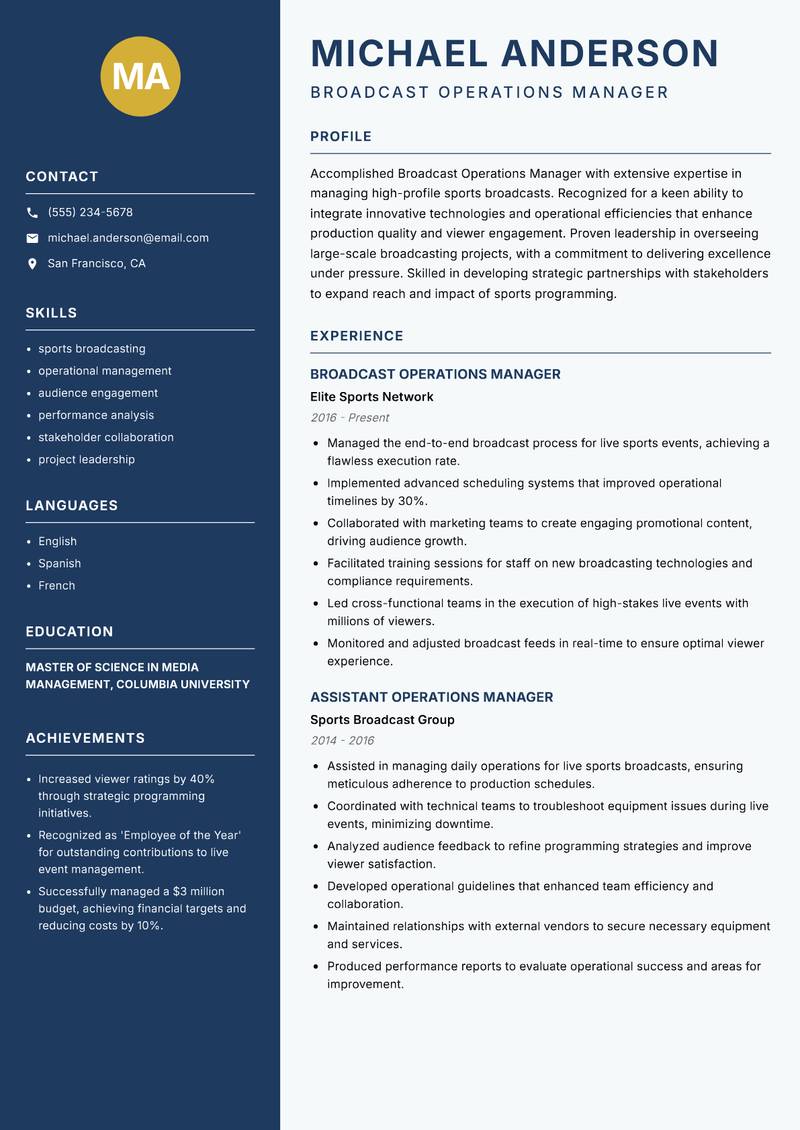 Broadcast Operations Manager Sports Resume Preview Example