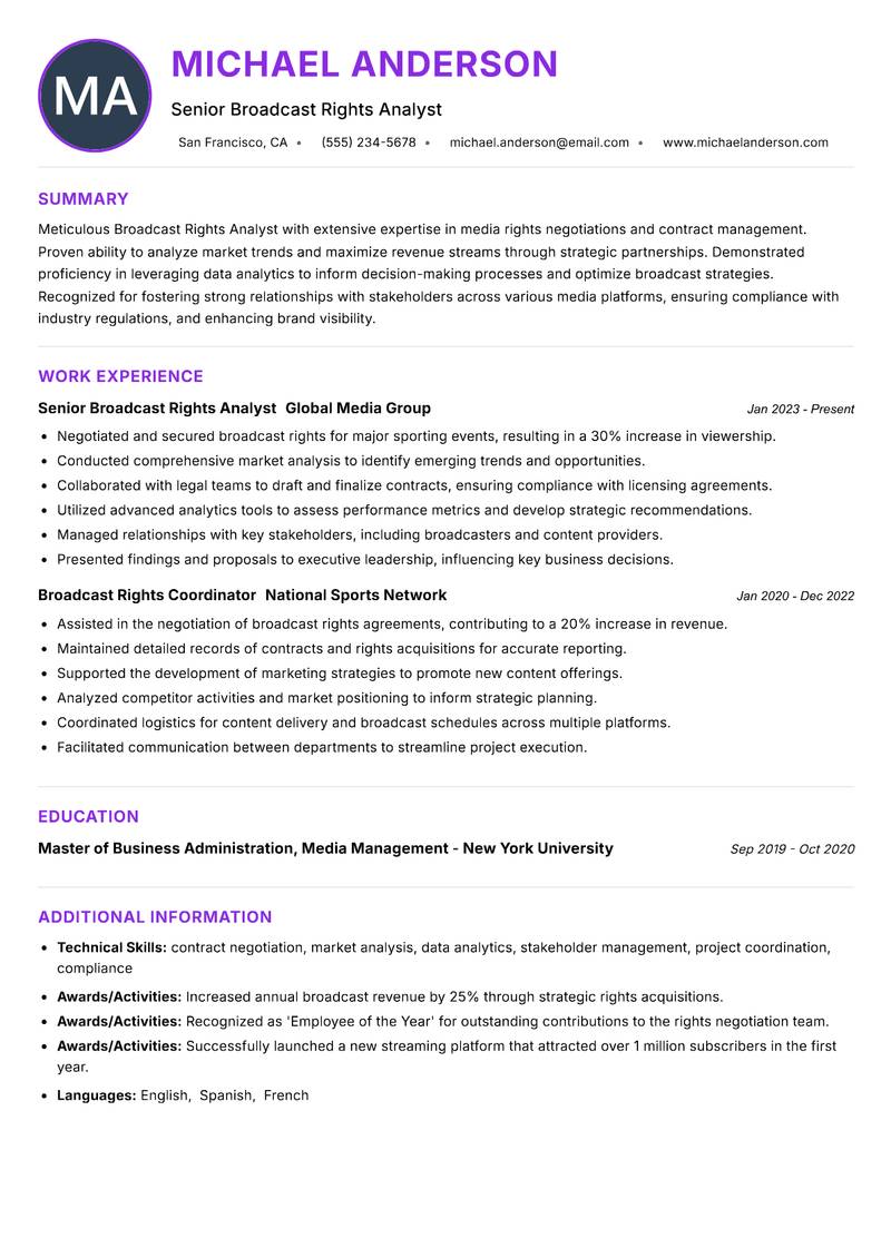 Broadcast Rights Analyst Resume Preview Example
