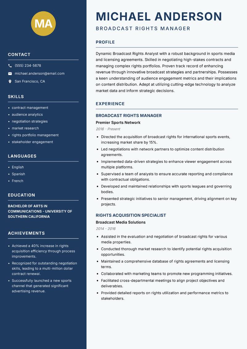 Broadcast Rights Analyst Resume Preview Example