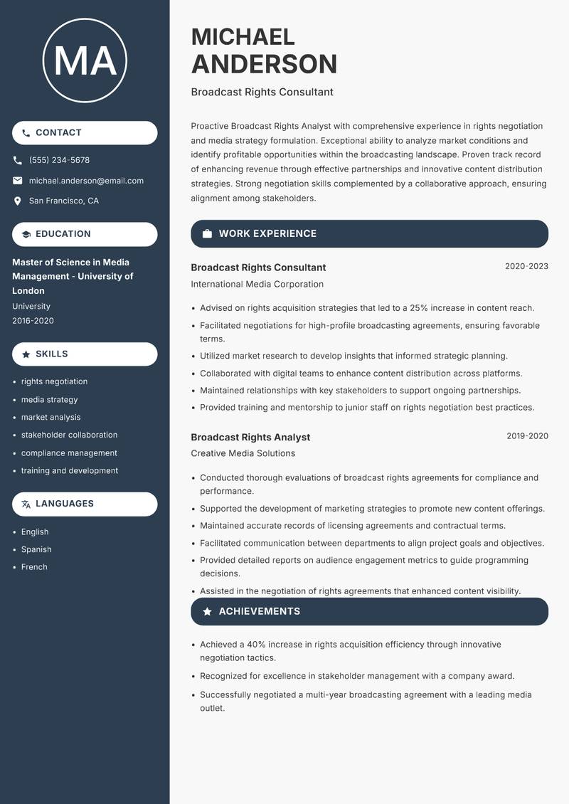 Broadcast Rights Analyst Resume Preview Example