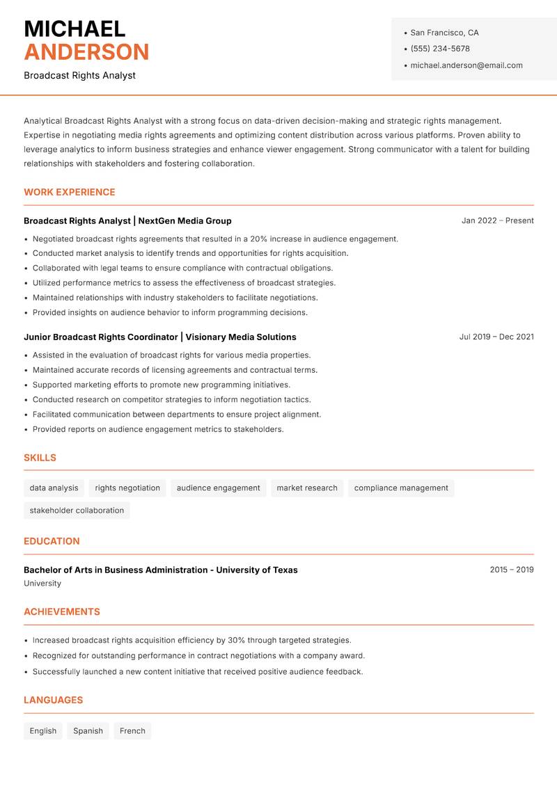 Broadcast Rights Analyst Resume Template