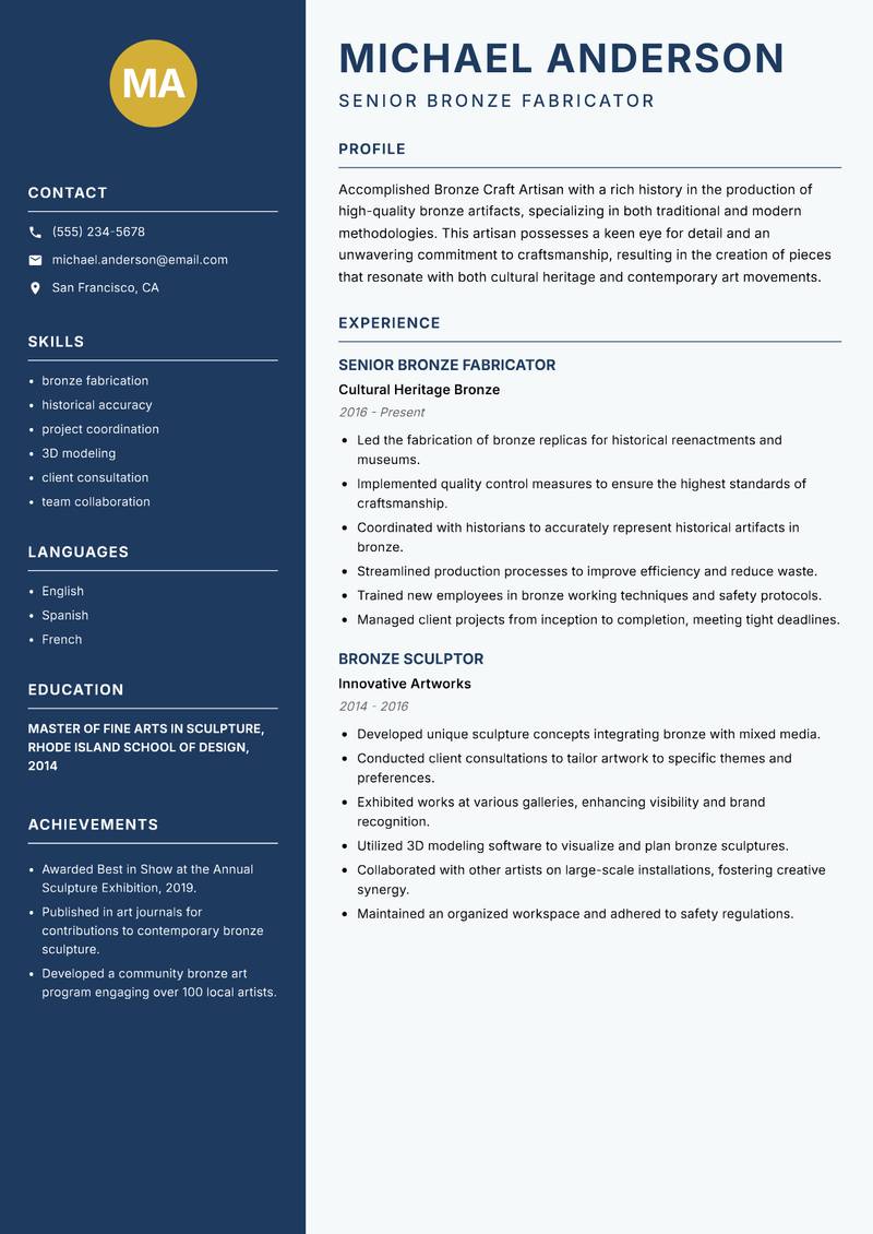 Bronze Craft Artisan Resume Preview Example