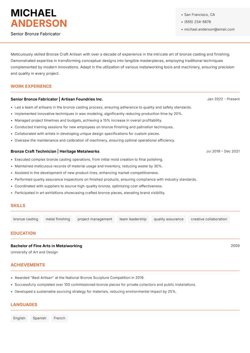 Bronze Craft Artisan Resume Template