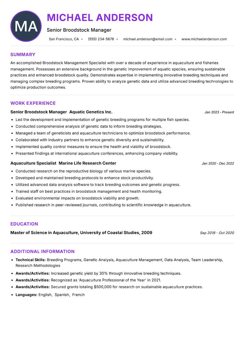 Broodstock Management Specialist Resume Preview Example