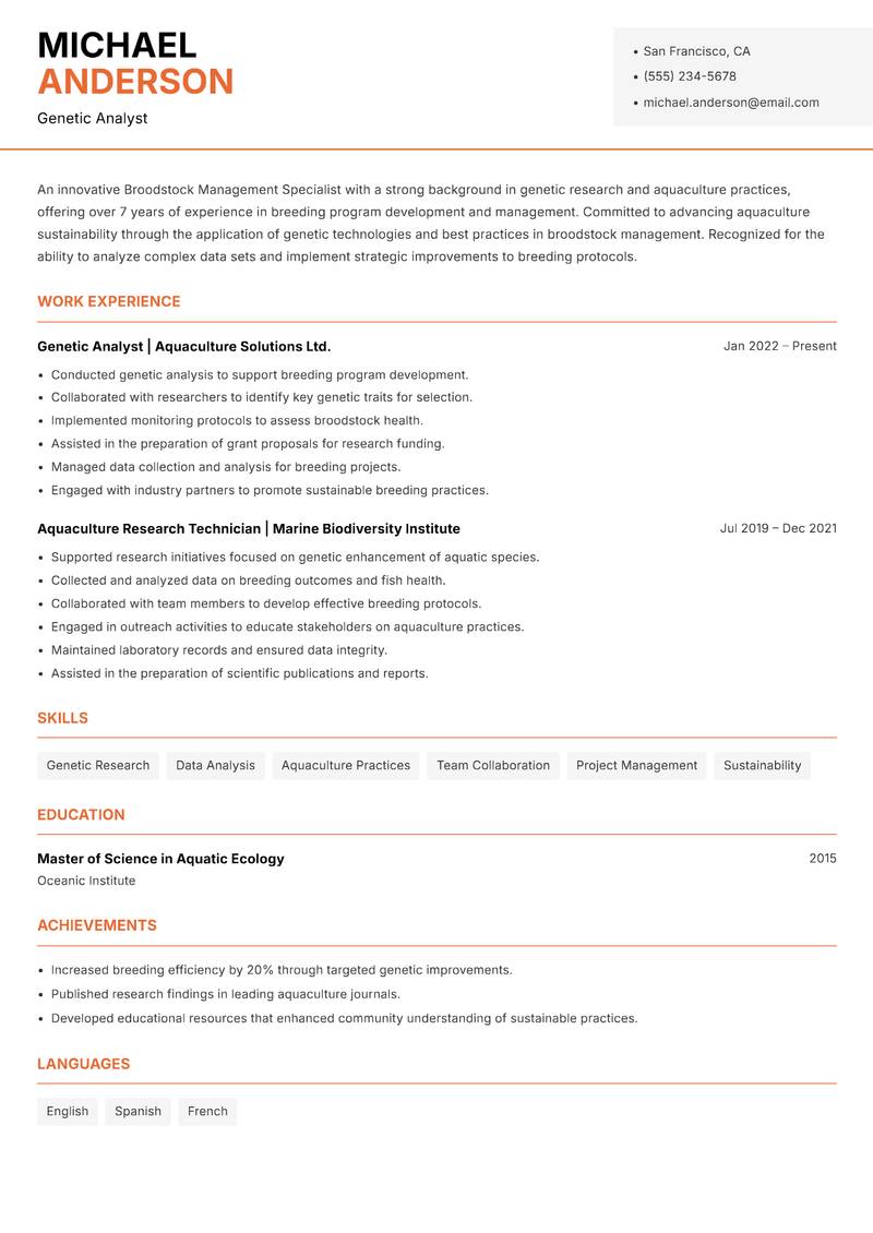 Broodstock Management Specialist Resume Template