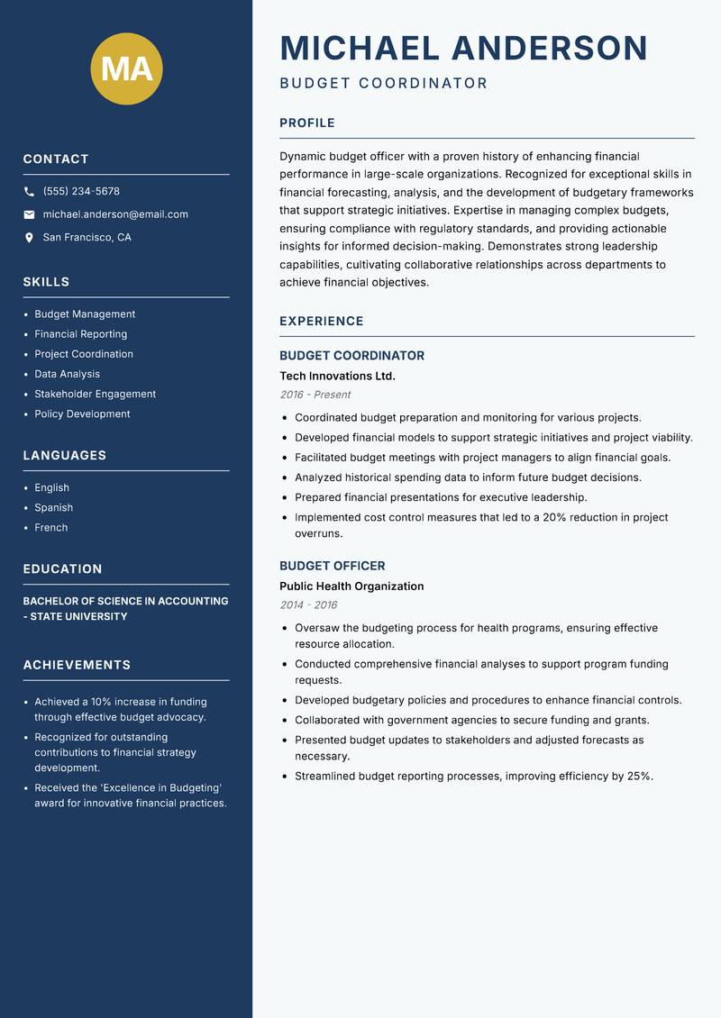 Budget Officer Resume Preview Example