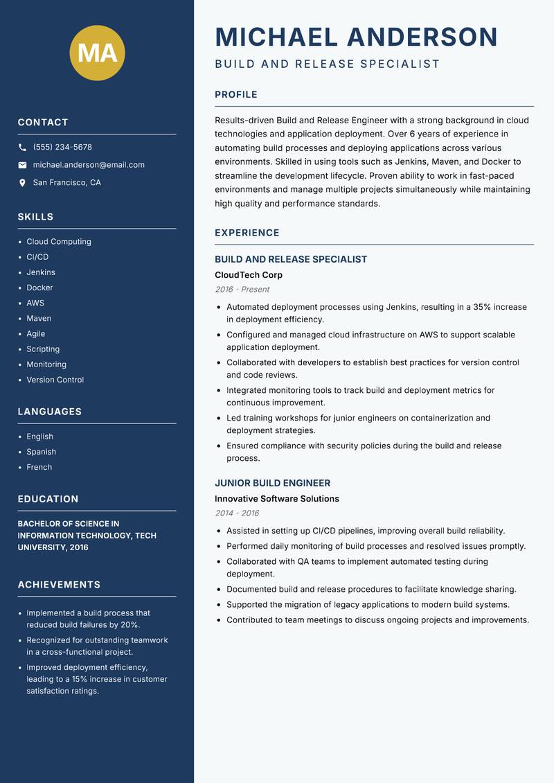 Build and Release Engineer Resume Preview Example