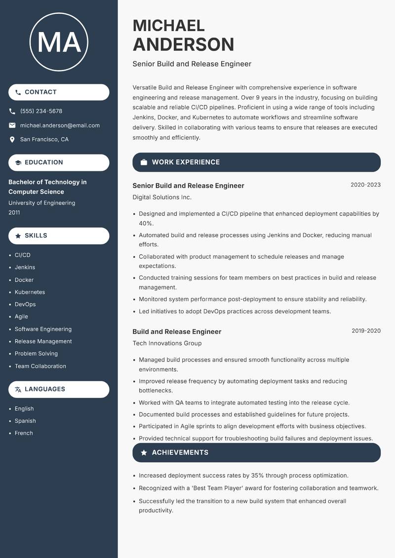 Build and Release Engineer Resume Preview Example