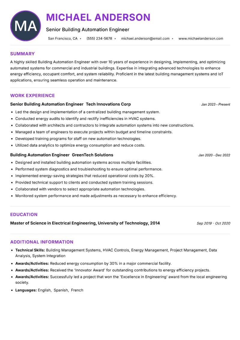 Building Automation Engineer Resume Preview Example