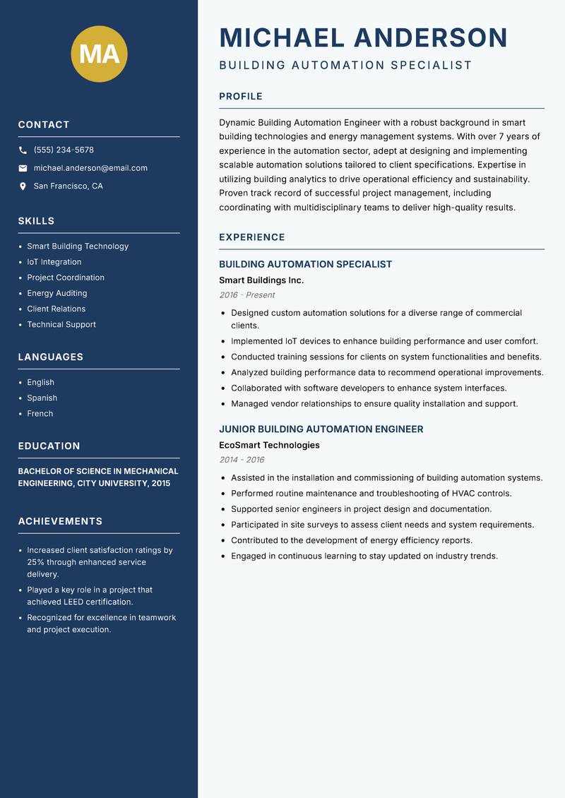 Building Automation Engineer Resume Preview Example