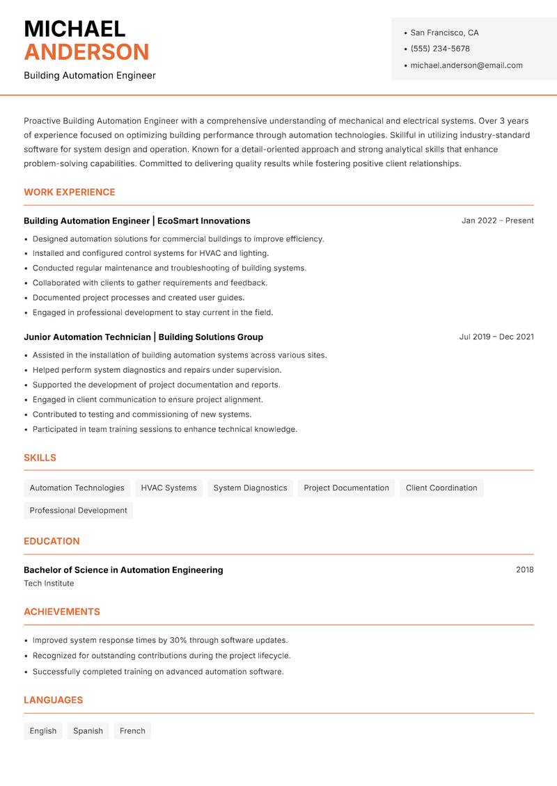 Building Automation Engineer Resume Template