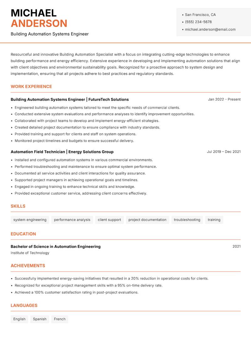Building Automation Specialist Resume Template