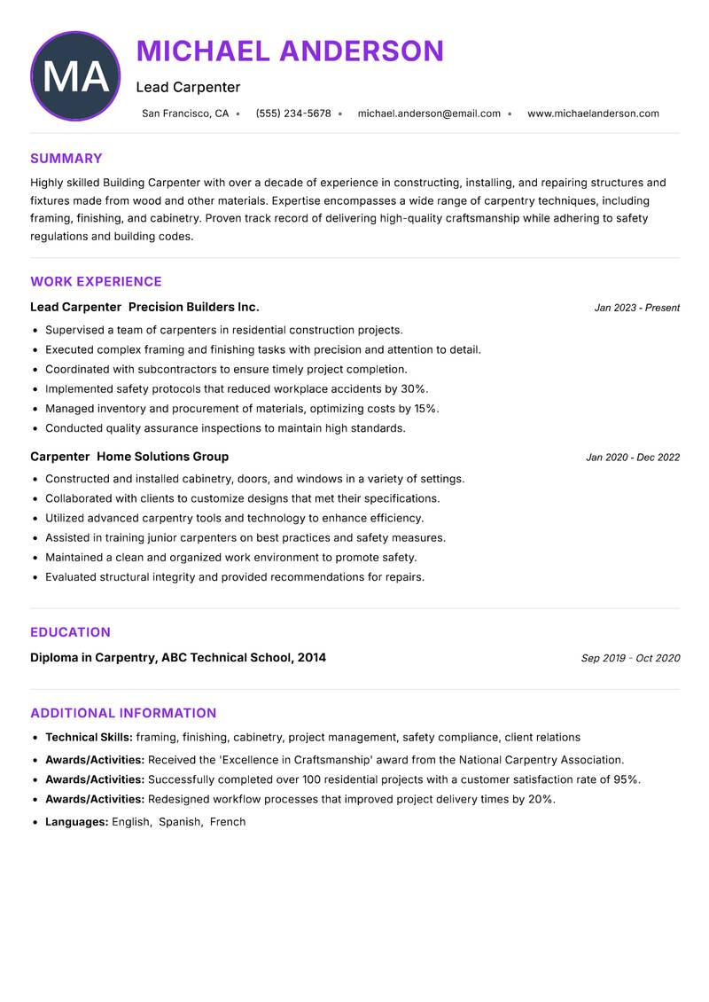 Building Carpenter Resume Preview Example