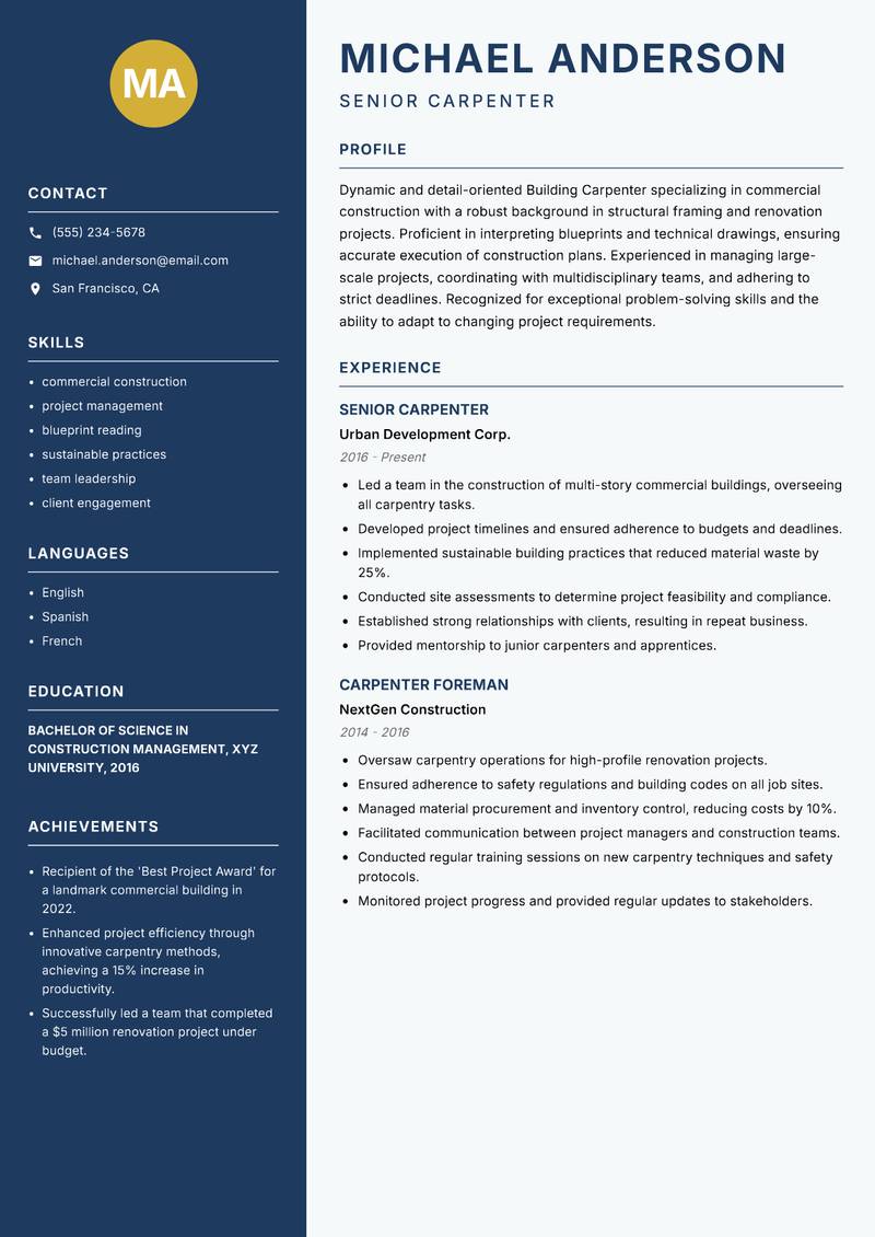 Building Carpenter Resume Preview Example