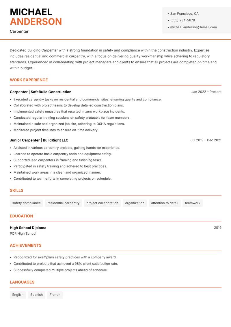 Building Carpenter Resume Template