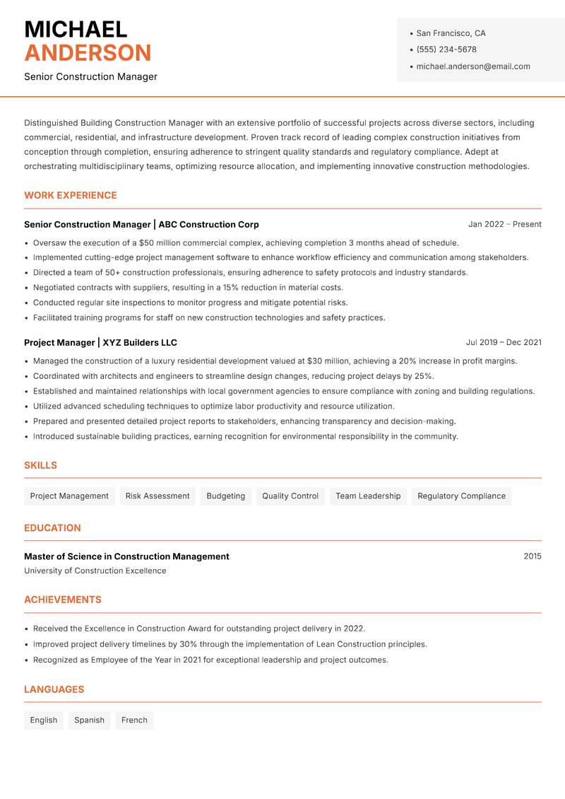 Building Construction Manager Resume Template