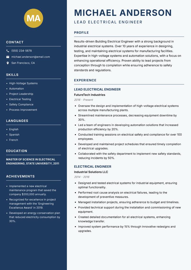Building Electrical Engineer Resume Preview Example