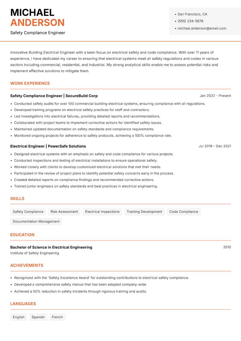 Building Electrical Engineer Resume Template