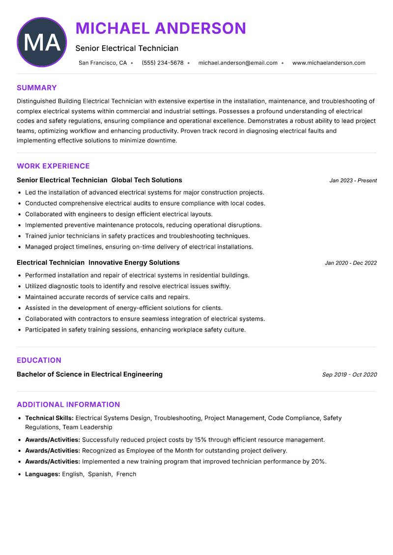 Building Electrical Technician Resume Preview Example