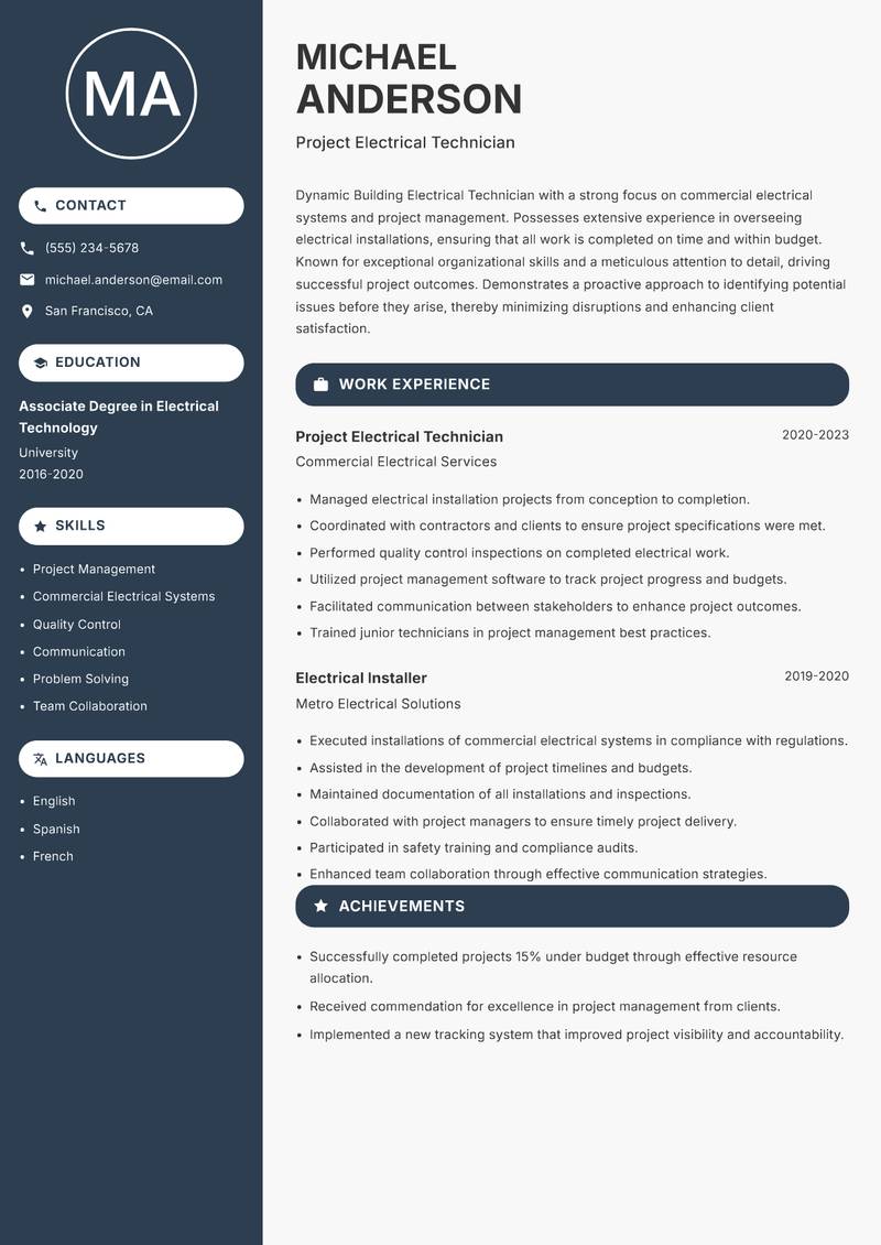 Building Electrical Technician Resume Preview Example