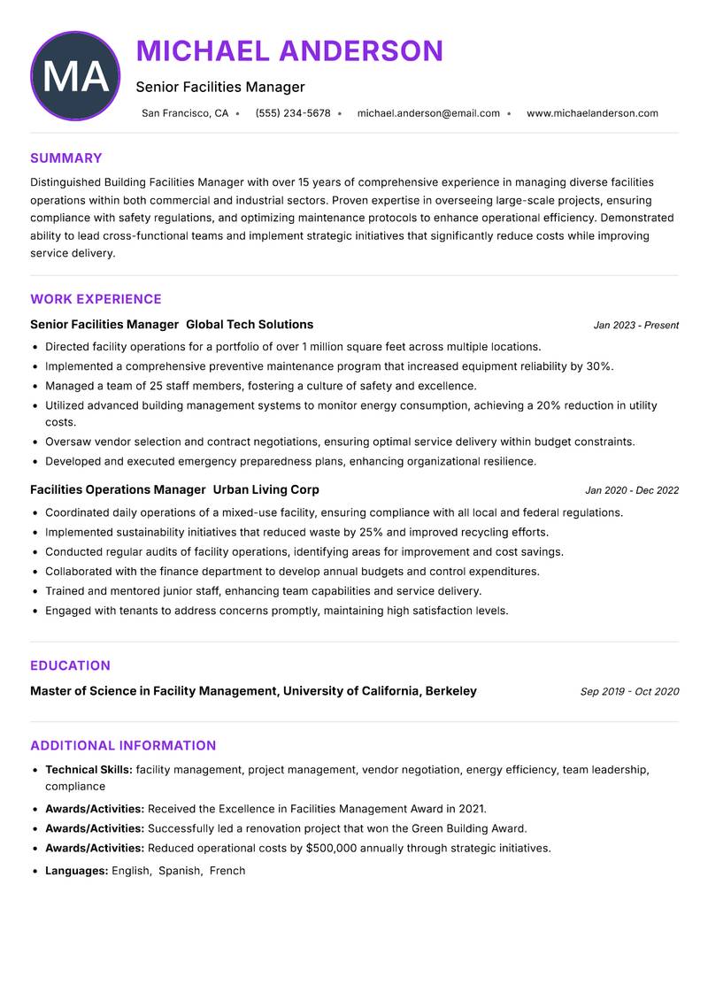 Building Facilities Manager Resume Preview Example