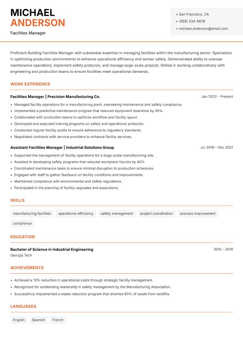 Building Facilities Manager Resume Template