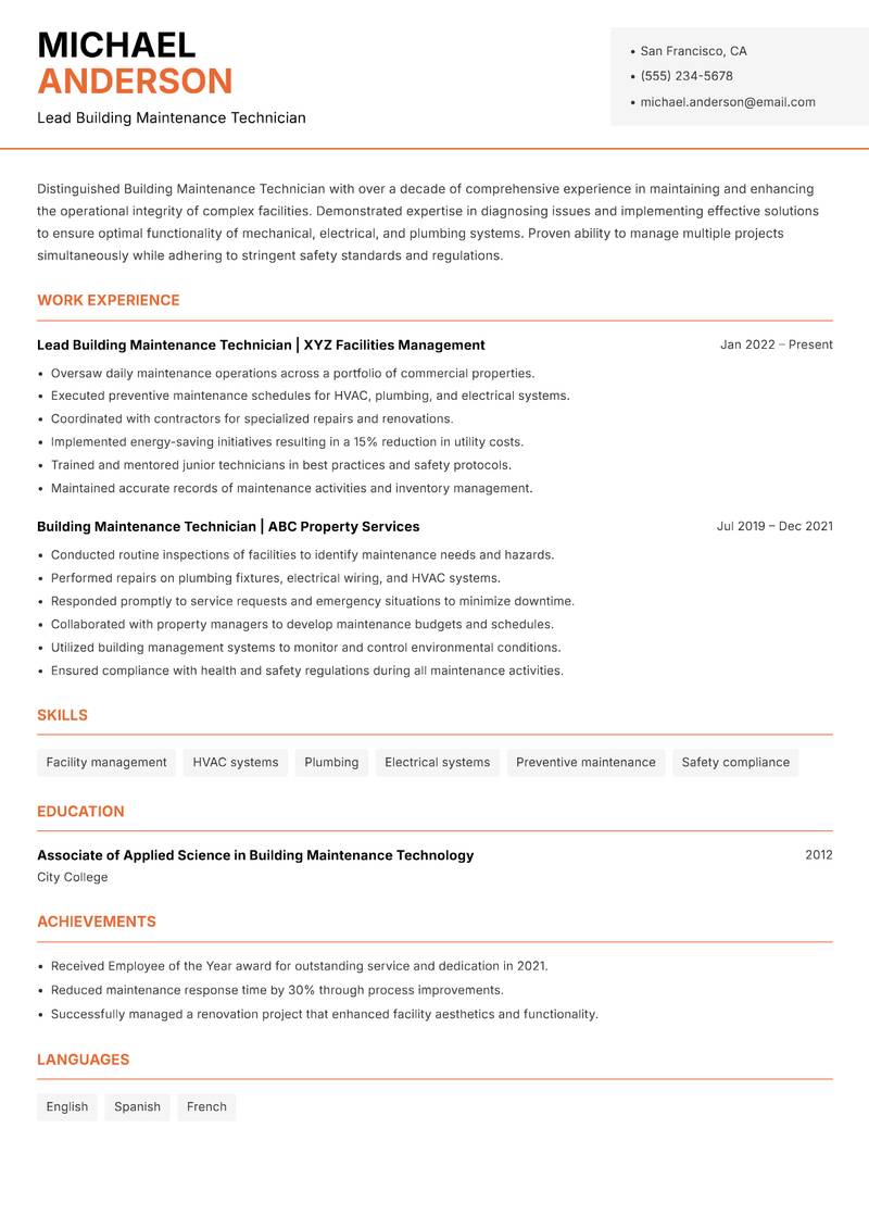 Building Maintenance Technician Resume Template
