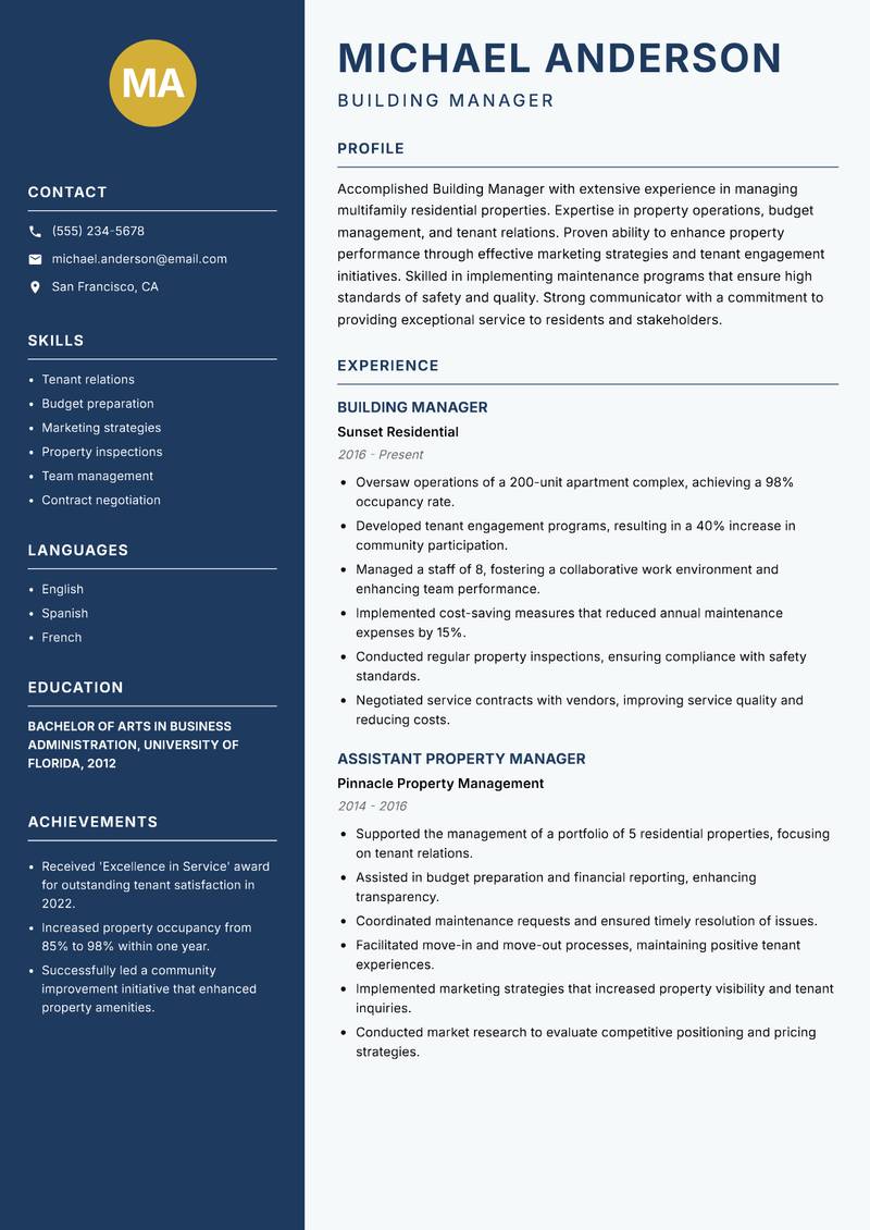 Building Manager Resume Preview Example
