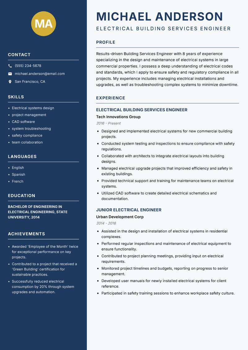 Building Services Engineer Resume Preview Example