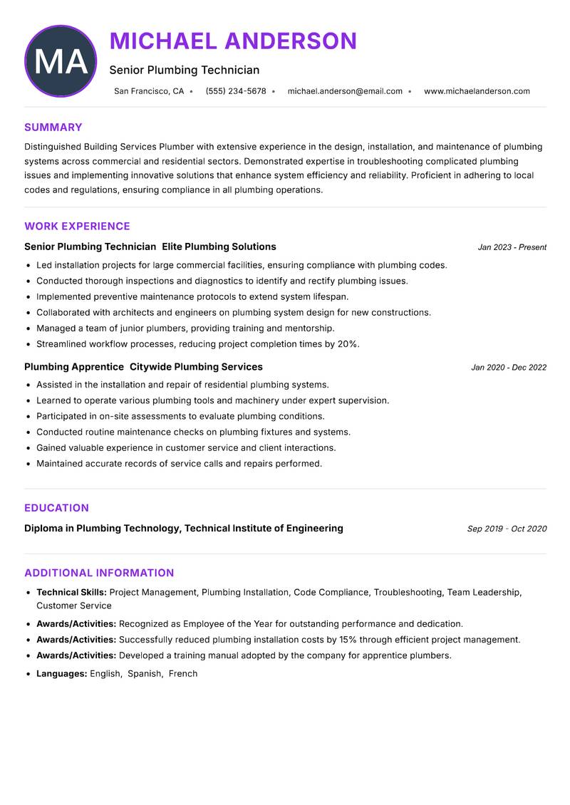 Building Services Plumber Resume Preview Example
