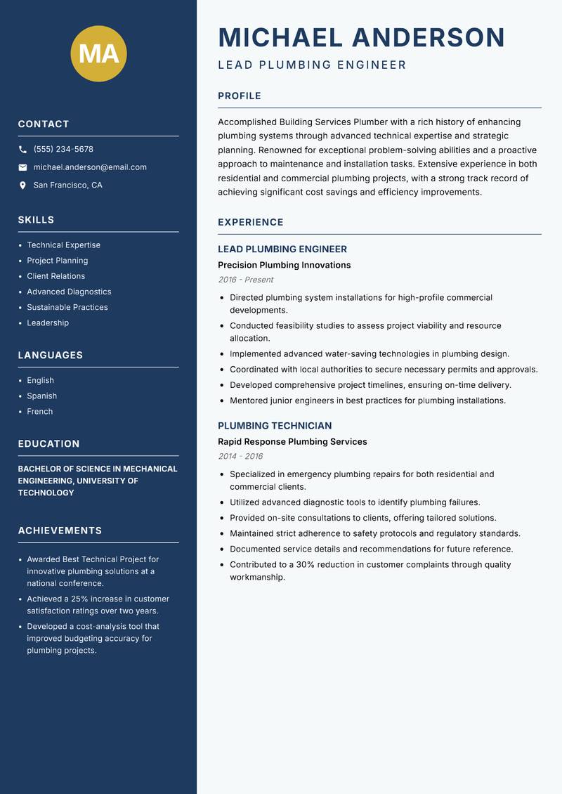 Building Services Plumber Resume Preview Example